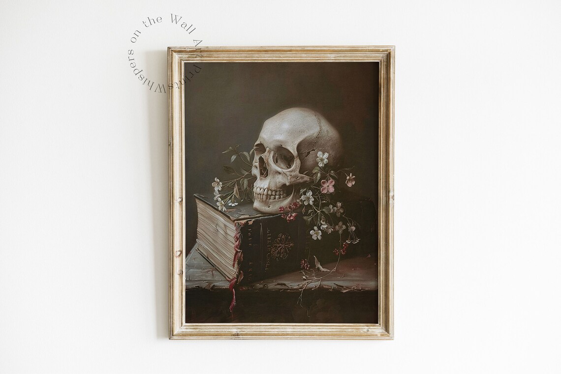 Memento Mori Skull On Antique Open Book With Delicate Flowers Still Life Poster - Image 2
