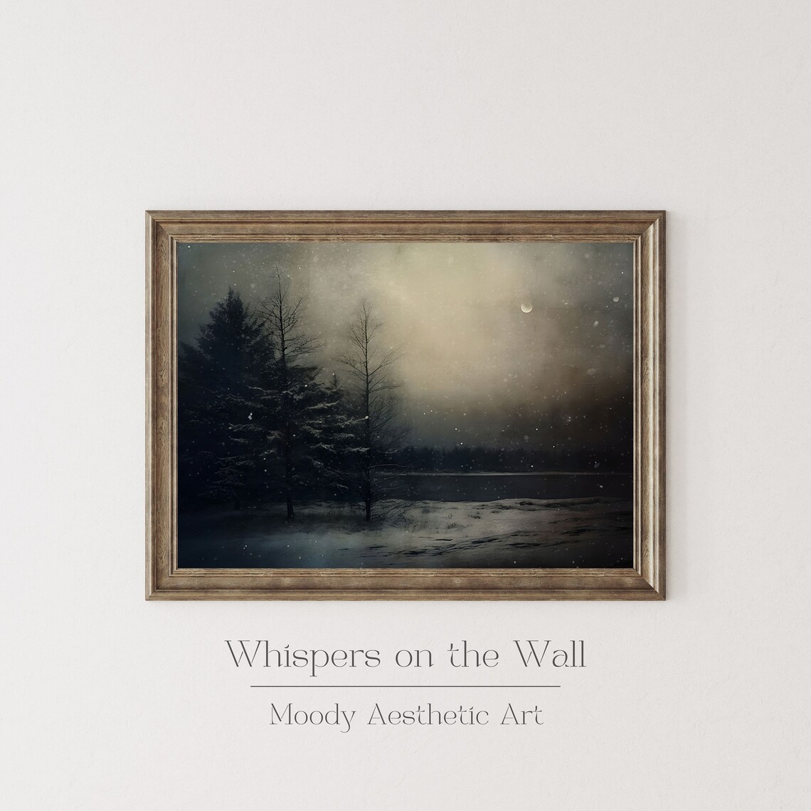 Moonlit Snowy Forest by Lake at Night Moody Winter Landscape Poster - Image 3