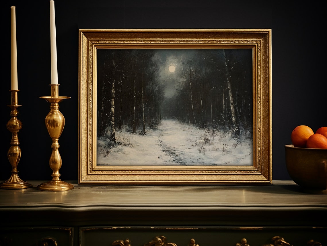 Moonlit Winter Forest Night Path Dark Moody Landscape Oil Poster - Image 3