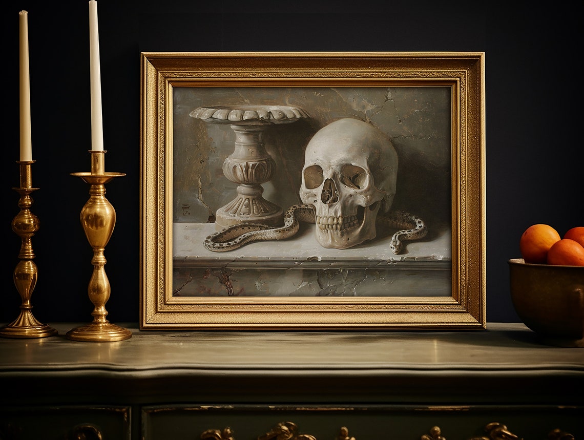 Skull and Snake Vanitas Spooky Halloween Classical Oil Painting Poster - Image 4