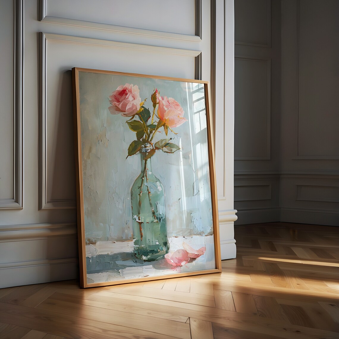Pink Roses in Green Glass Vase Still Life Oil Painting Poster - Image 6