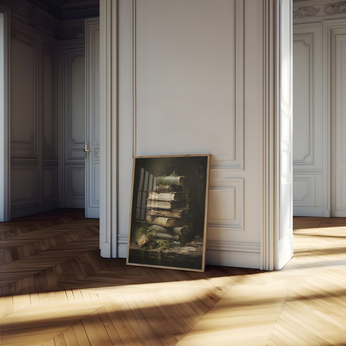 Antique Stack of Old Books with Moss Dark Academia Oil Painting Poster - Image 5