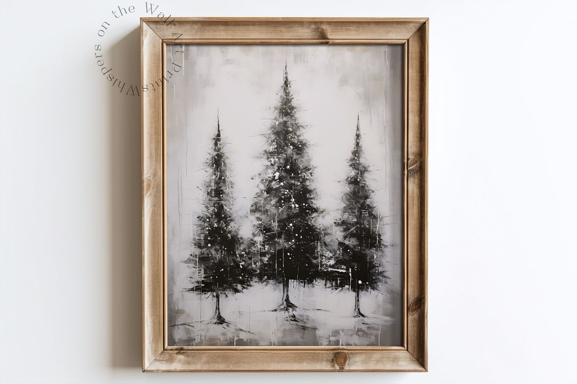 Moody Black and White Winter Pine Trees Silhouette Art Poster - Image 6