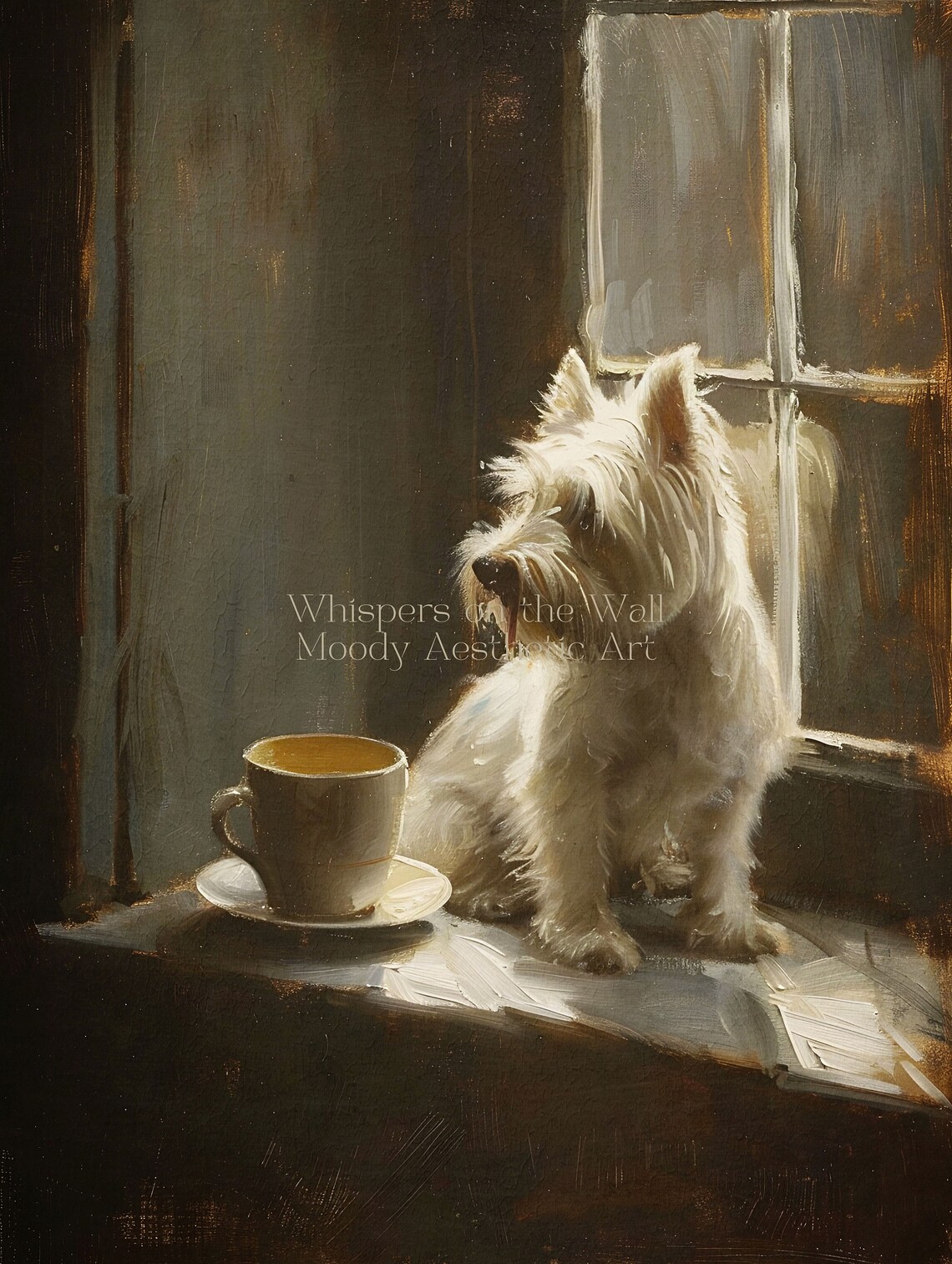West Highland Terrier Puppy On Windowsill With Teacup Vintage Painting Poster - Image 5