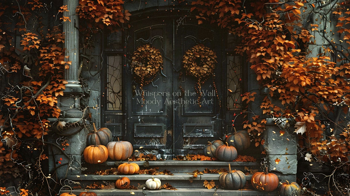 Gothic Halloween Door Pumpkins Moody Fall Vintage Oil Painting Poster - Image 5