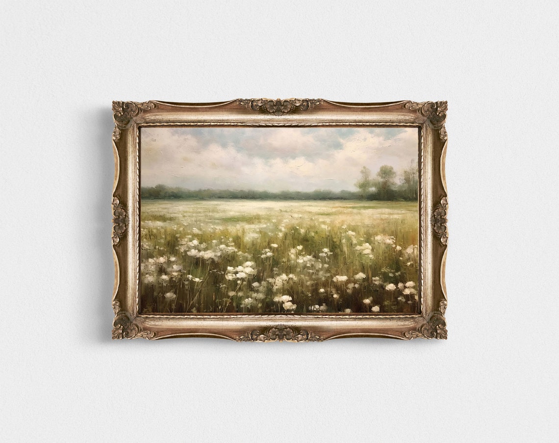 White Wildflower Meadow Soft Neutral Landscape Painting Poster - Image 6
