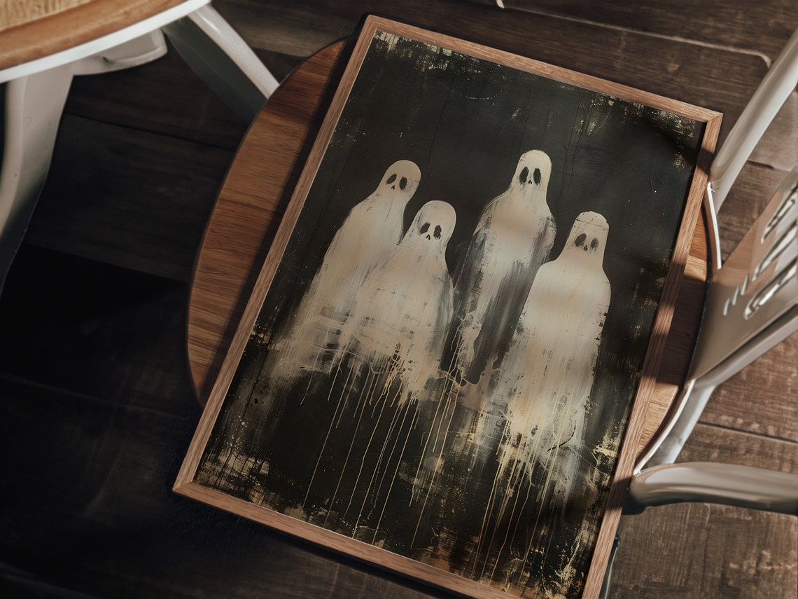 Group of Four Spooky Ghosts in Dark Dripping Vintage Painting Poster - Image 3