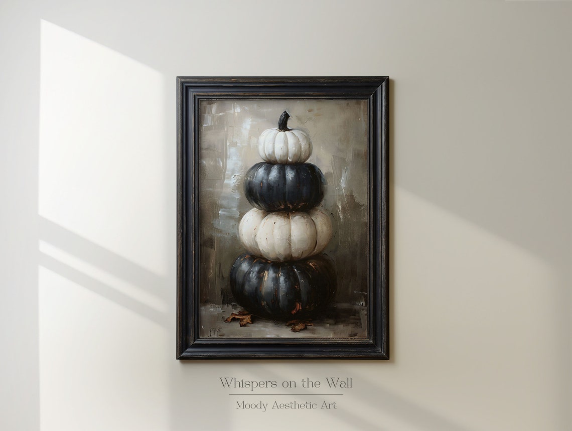 Tower of Stacked Black and White Pumpkins Fall Painting Poster - Image 3
