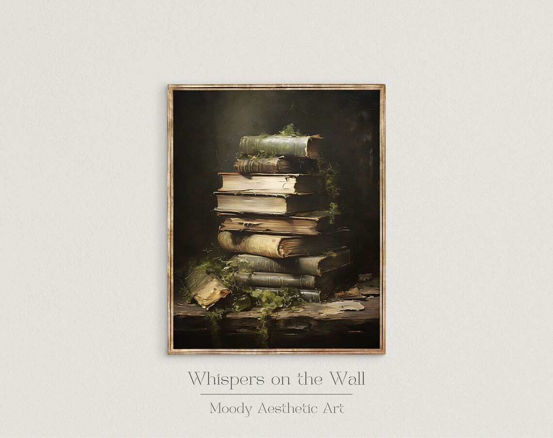 Antique Stack of Old Books with Moss Dark Academia Oil Painting Poster - Image 2
