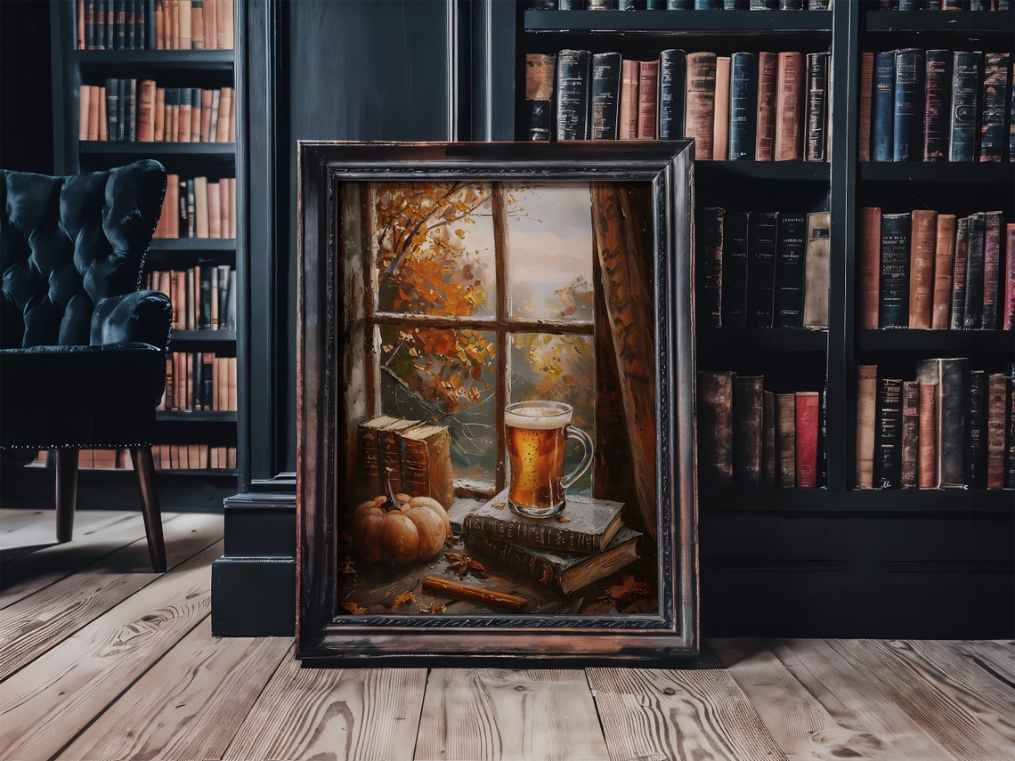 Pumpkin Beer by Window Autumn Cozy Oil Painting Fall Bookish Poster - Image 3