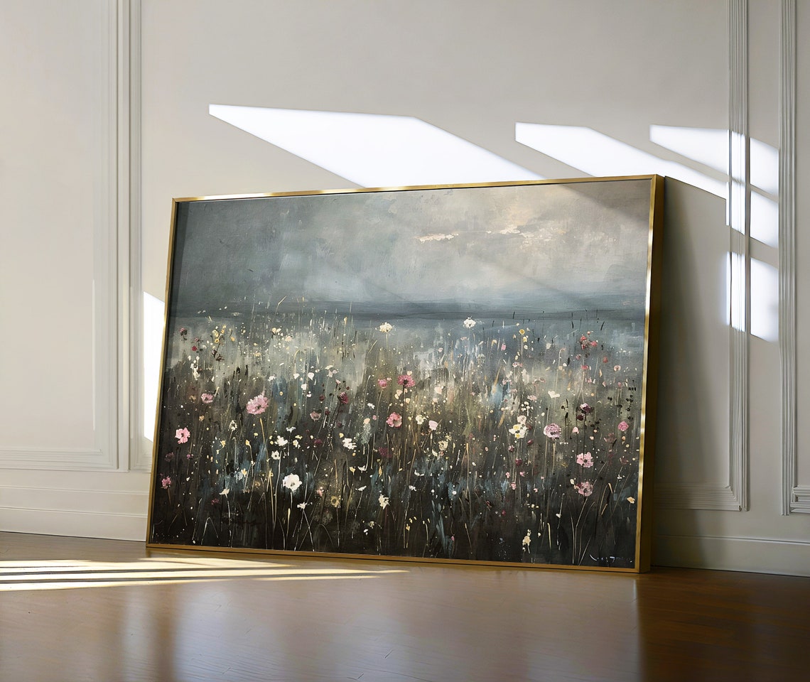 Misty Wildflower Meadow Under Grey Sky Moody Landscape Painting Poster - Image 6
