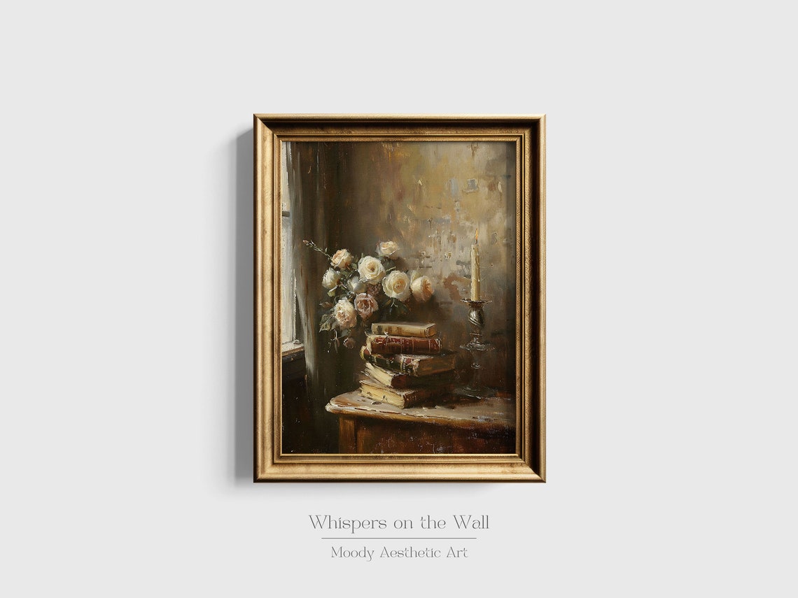 Books Roses and Candlelight Moody Vertical Still Life Poster - Image 6