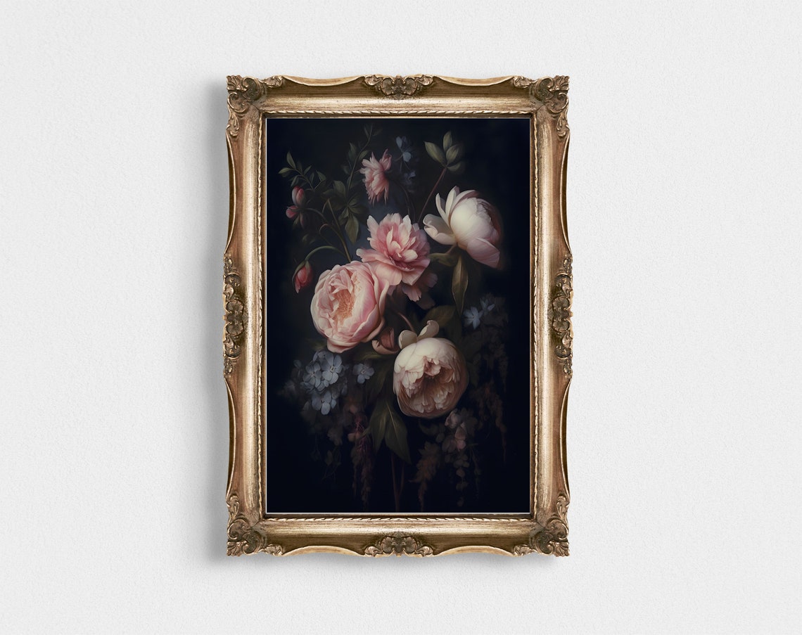 Dark Moody Peony Floral Oil Painting Black Background Decor Poster - Image 4