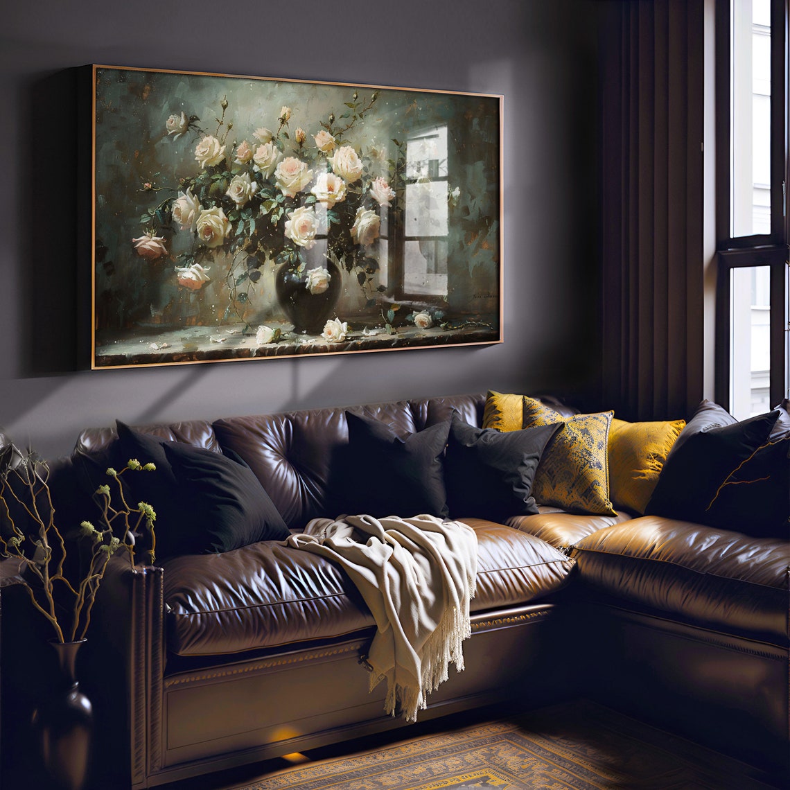 White Roses in Dark Vase Vintage Moody Floral Painting Poster - Image 3