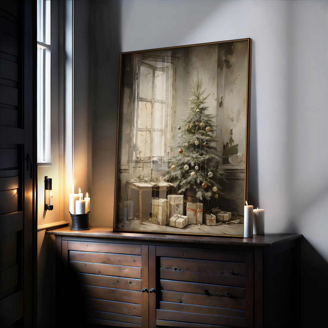 Rustic Christmas Tree by Window Vintage Moody Holiday Wall Poster - Image 3
