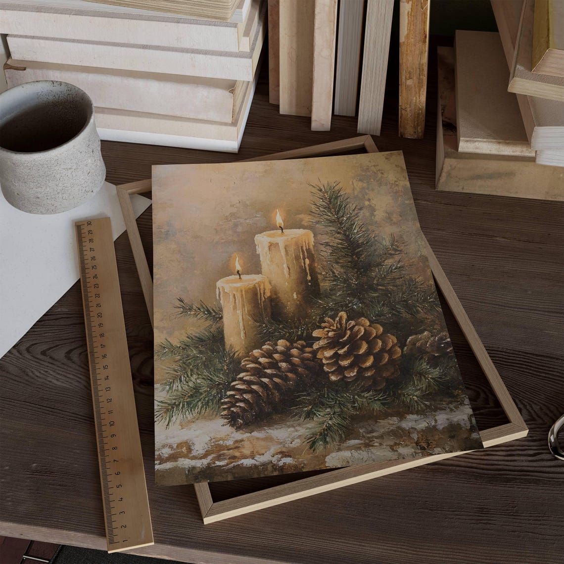 Vintage Christmas Candles Pinecones Evergreen Still Life Poster - Image 2