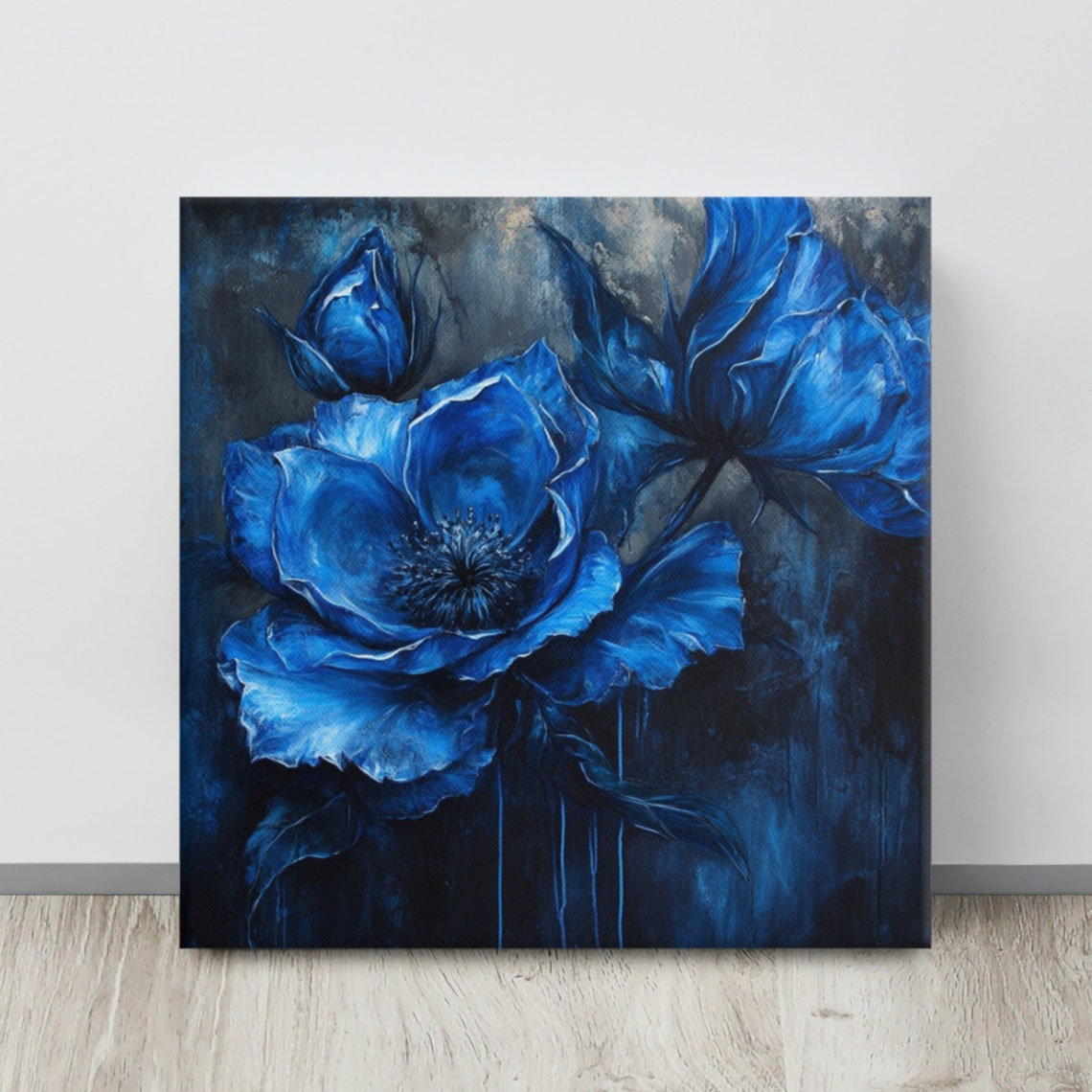 Cobalt Blue Flower Dark Moody Background Botanical Art Poster