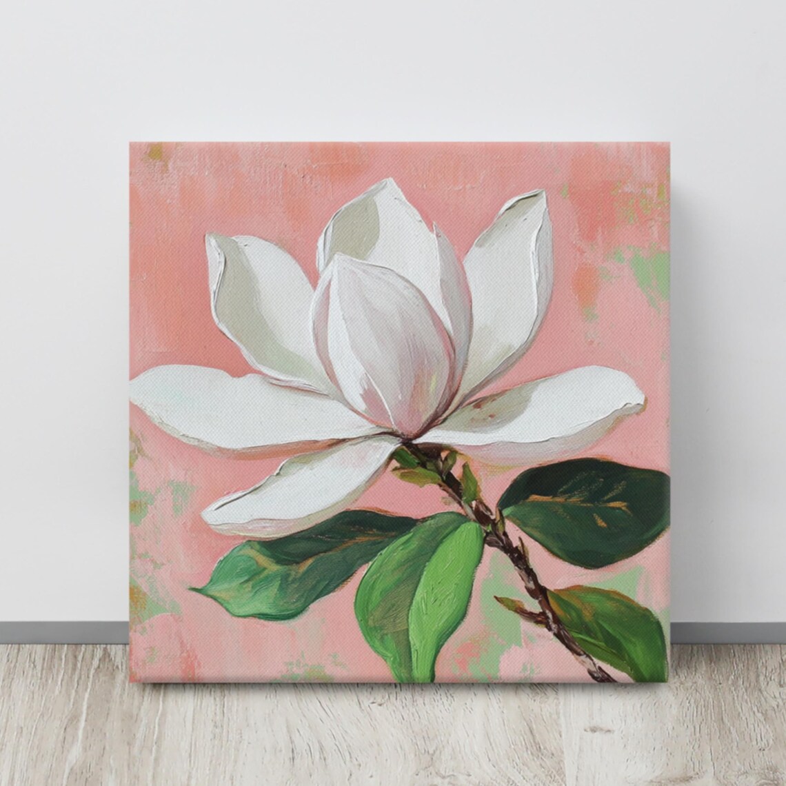 White Magnolia Bloom Pink Background Glossy Leaves Floral Print