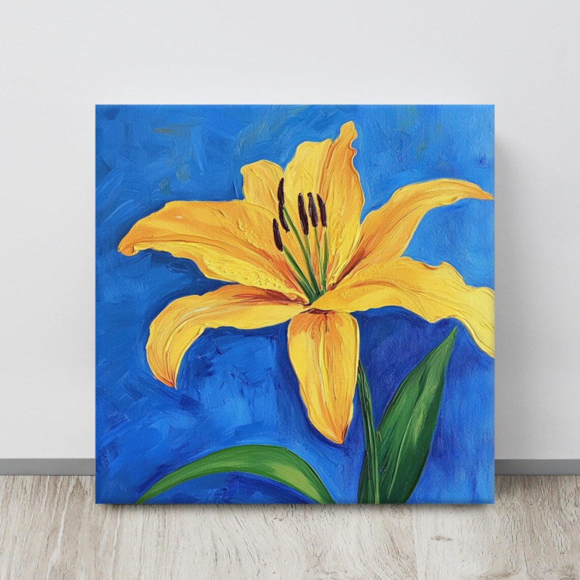 Golden Yellow Lily Bold Blue Background Botanical Floral Art Poster