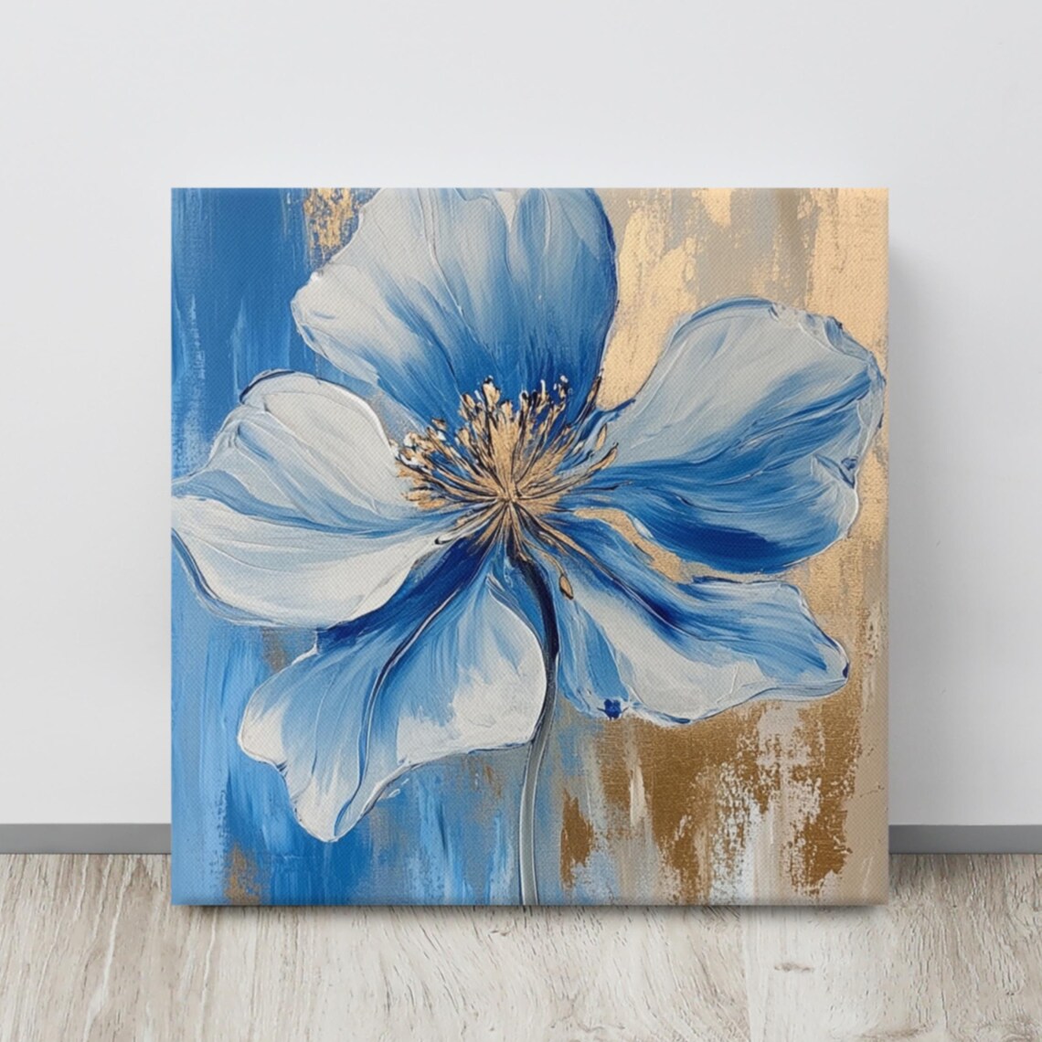 Blue White Flower Impasto Petals Blue Gold Abstract Art Poster