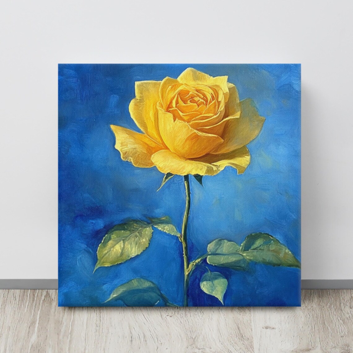Yellow Rose Single Bloom Cobalt Blue Background Floral Wall Art