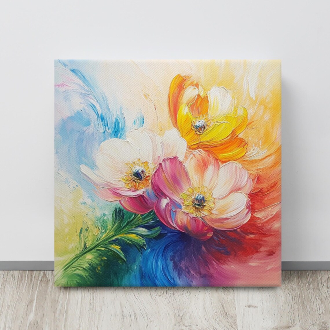 Rainbow Anemone Flowers Colorful Impasto Painting Art Wall Poster