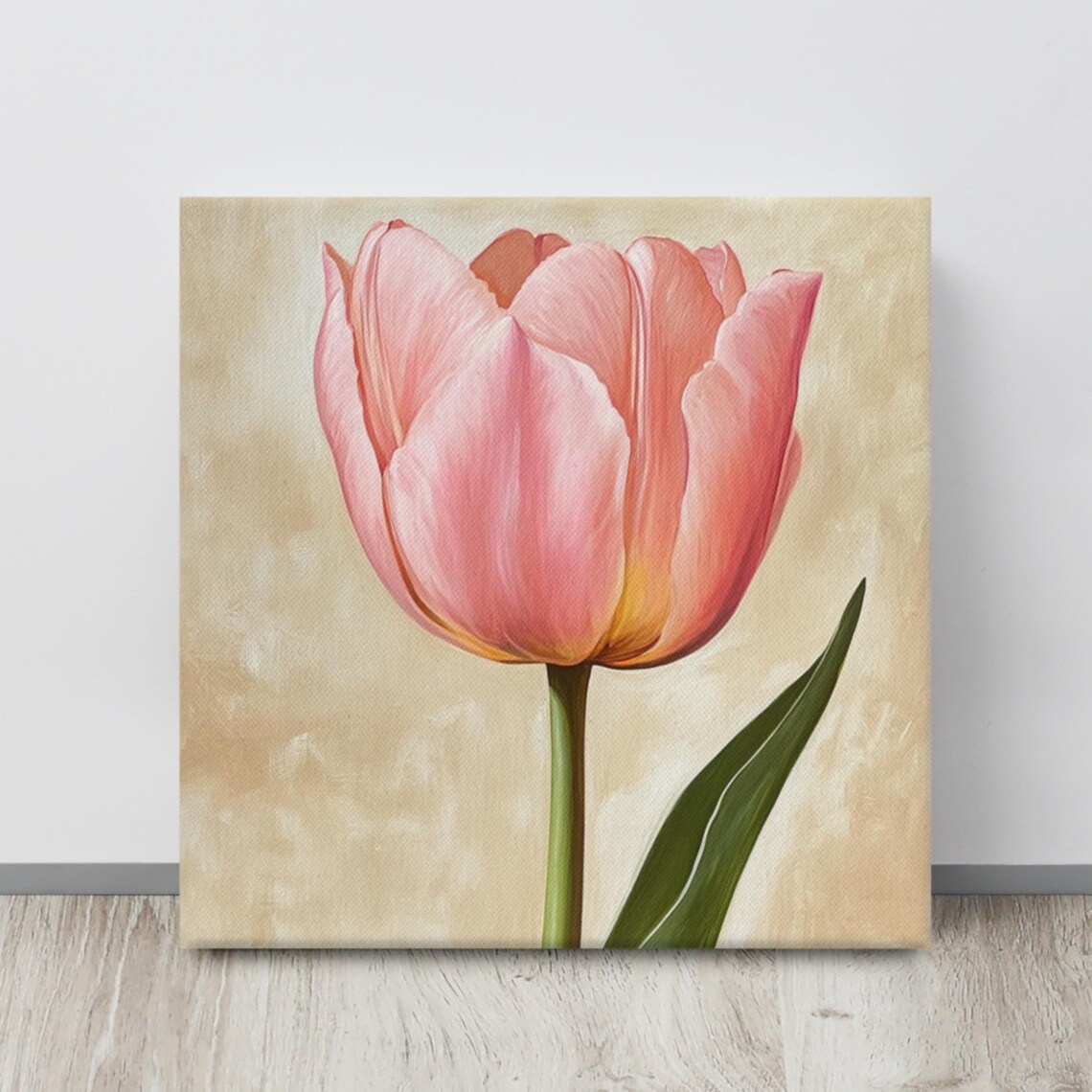 Pink Tulip Single Stem Bloom Beige Botanical Floral Painting Poster