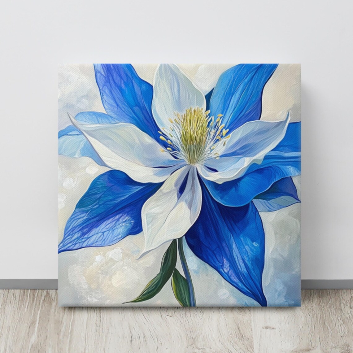 Blue White Columbine Bloom Close-Up Painterly Floral Art Poster