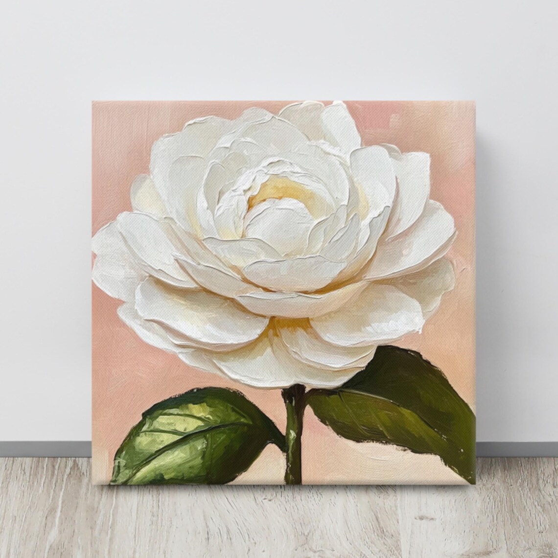 White Camellia Blush Pink Background Impasto Floral Art Poster