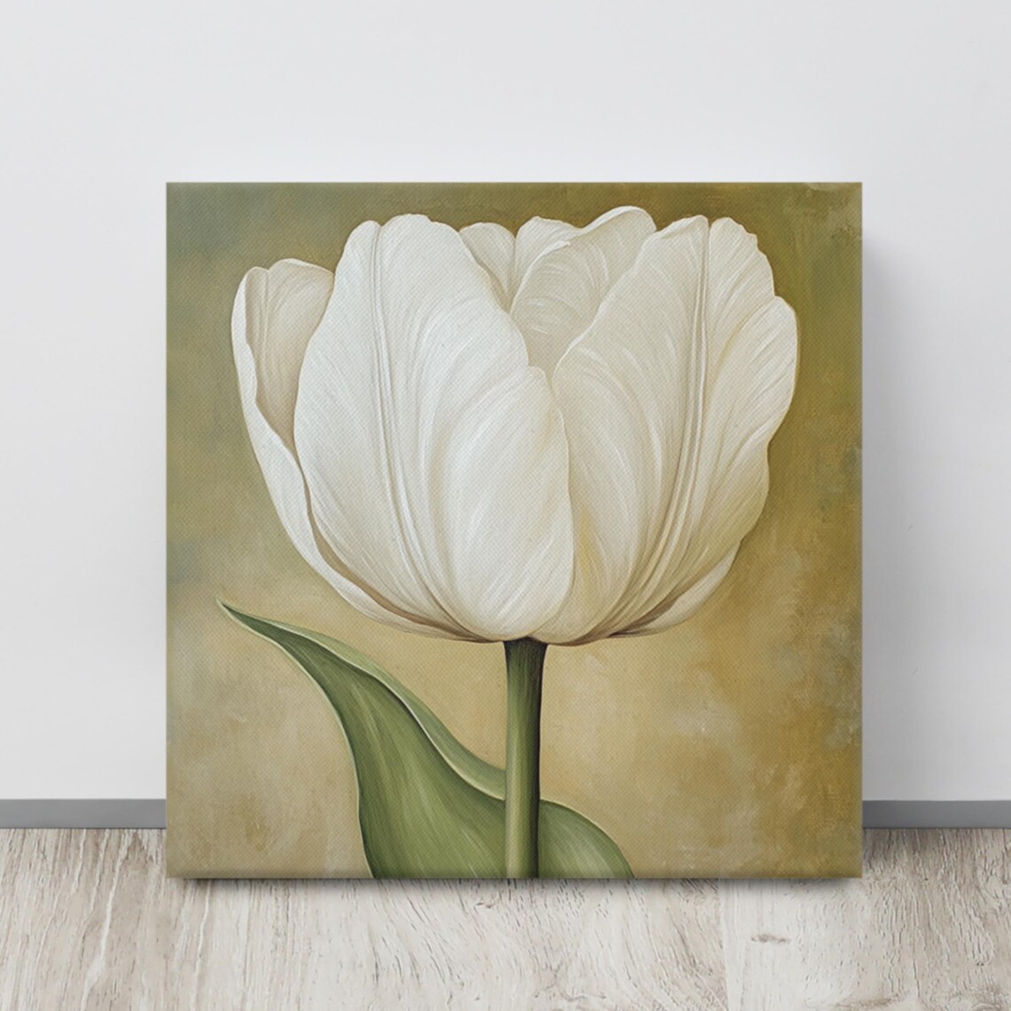 White Tulip Bloom Golden Olive Background Botanical Wall Art