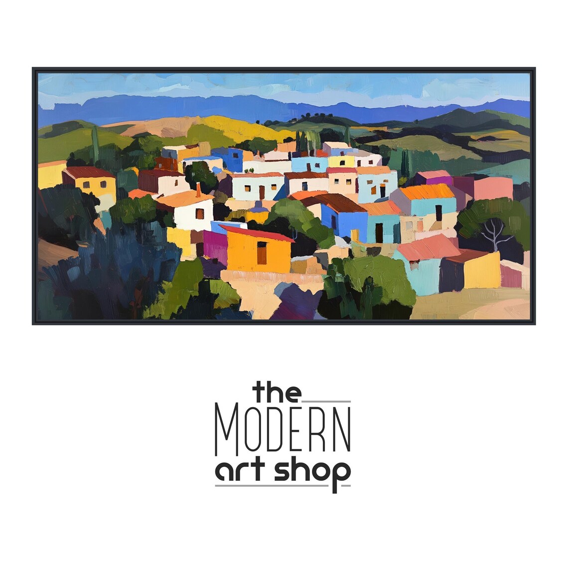 Colorful Mexican Village Painting Hillside Houses Mountains Wall Poster - Image 4