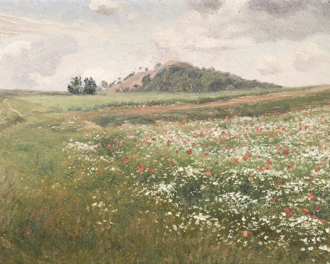 Vintage Meadow Landscape Art Print, Antique Oil Style - Image 3