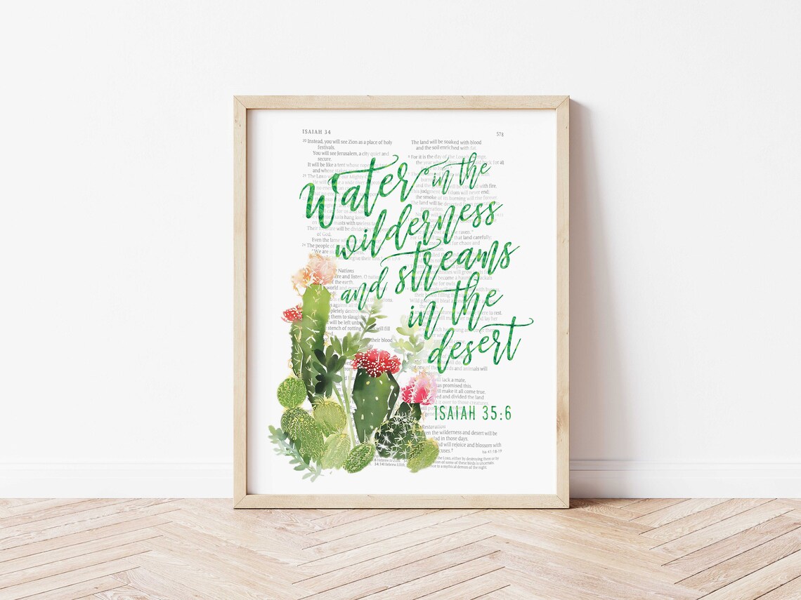 Streams In The Desert Scripture Print Cactus Flower Isaiah 35v6 Watercolor Art Print Desert Flower Wall Art - Image 2
