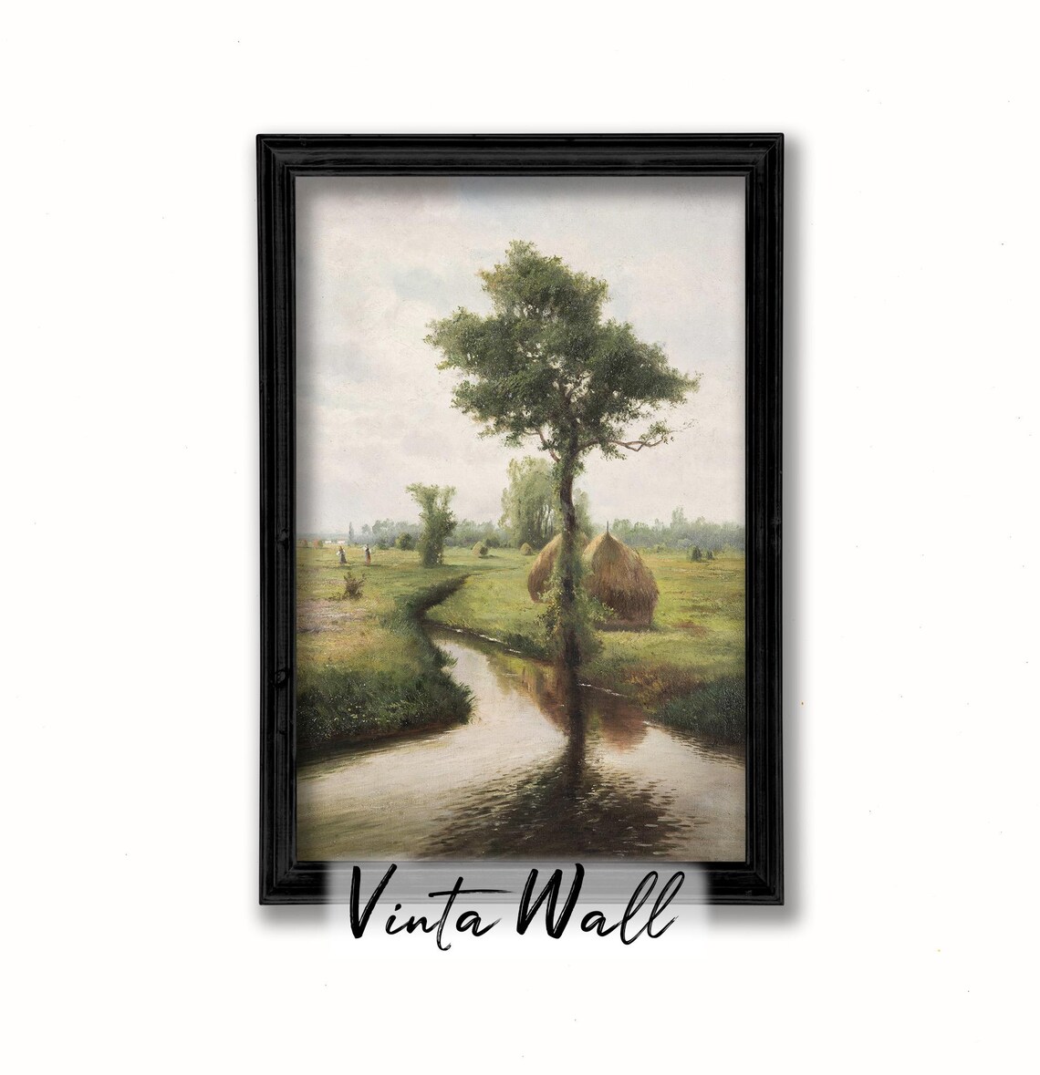 Lone Tree Reflected in Quiet Stream With Haystacks Vintage Field Poster - Image 2