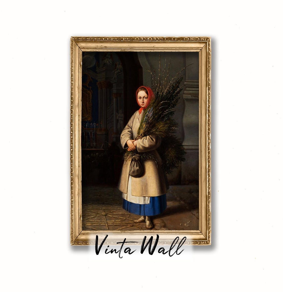 Portrait Young Lady Oil Painting Farmhouse Dark Academia Peasant Vintage Print Woman Black Art Country Wall Antique Farmer Apron - Image 3