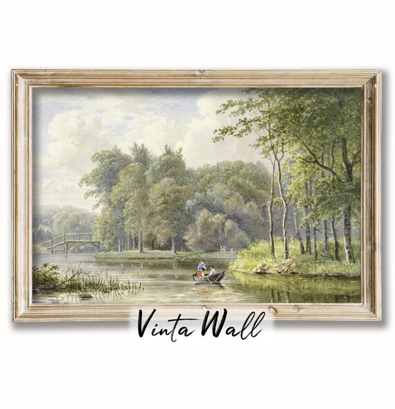 River Rowboat With Two Figures Wooden Bridge Vintage Watercolor Landscape Poster