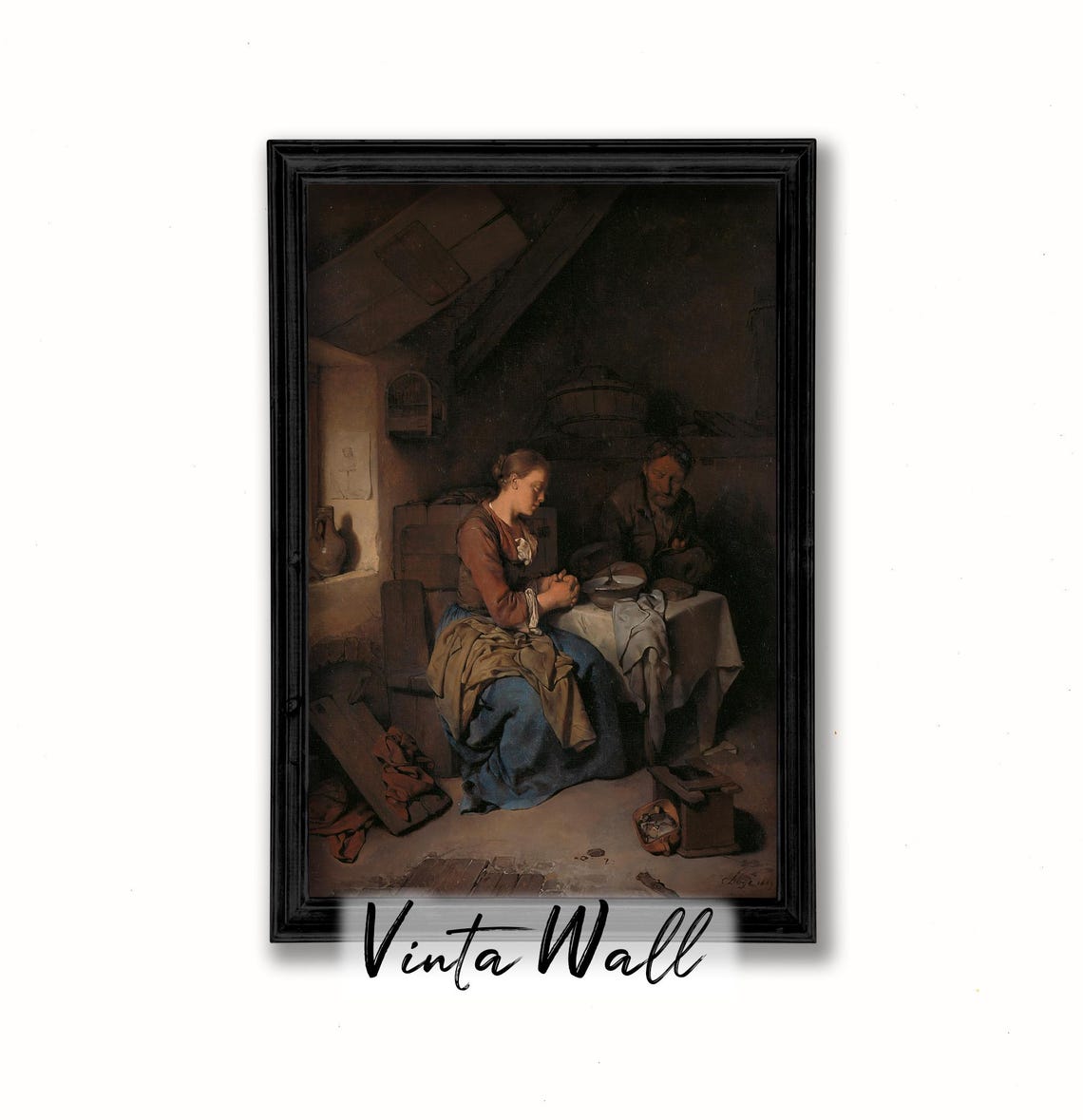 Portrait Woman Man Oil Painting Farmhouse Dark Academia Peasant Poor Interior Home Vintage Print Black Art Country Wall Antique - Image 2