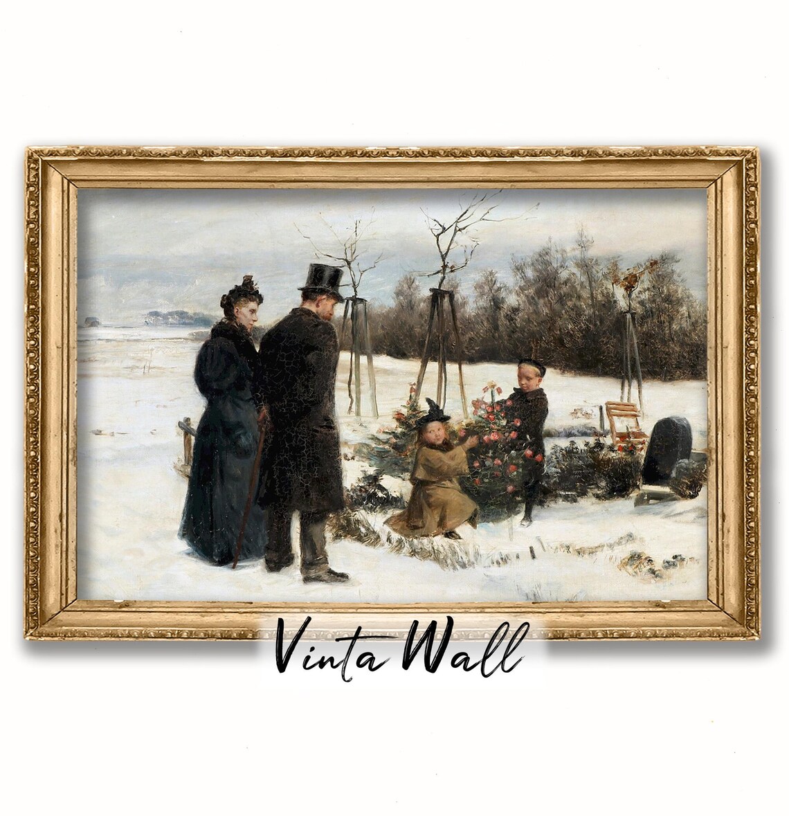 Family Decorating Christmas Tree Snowy Garden Vintage Scene Poster - Image 4