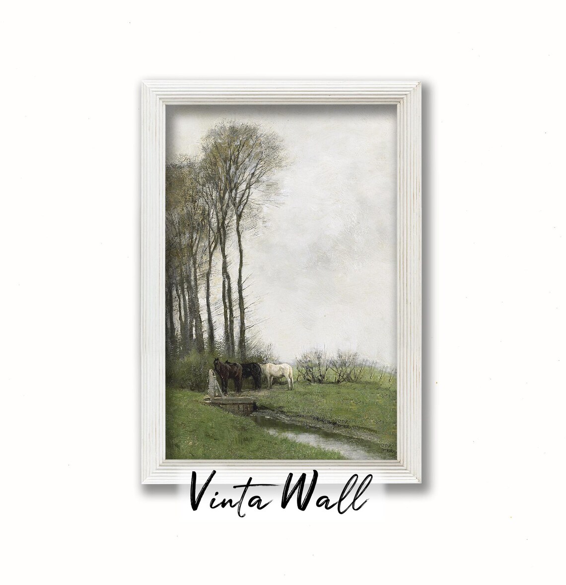 Horses Watering Stream Tall Poplar Trees Vintage Pastoral Poster - Image 3
