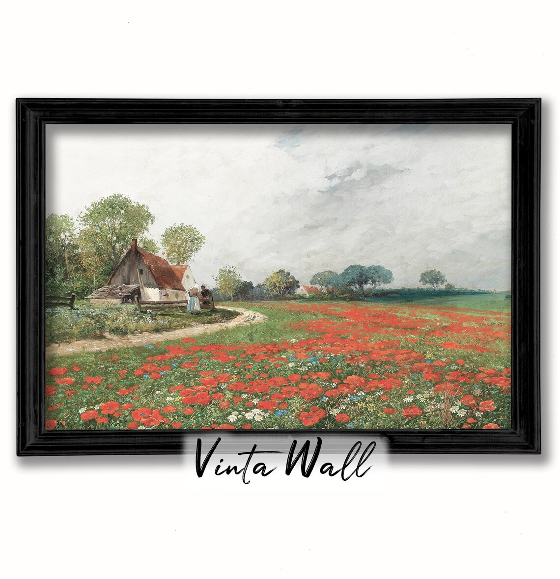 Red Poppy Field by the Farmhouse Vintage Countryside Painting Poster