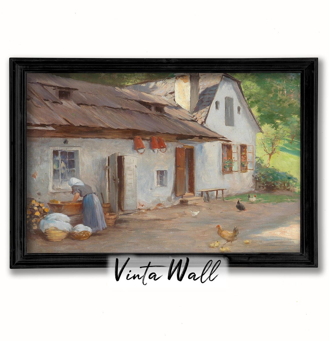 Village Soft Green Oil Painting Print Hen Farmer Landscape Woman Farmhouse Country Farm Muted Colours Cottage Art Wall Decor - Image 2