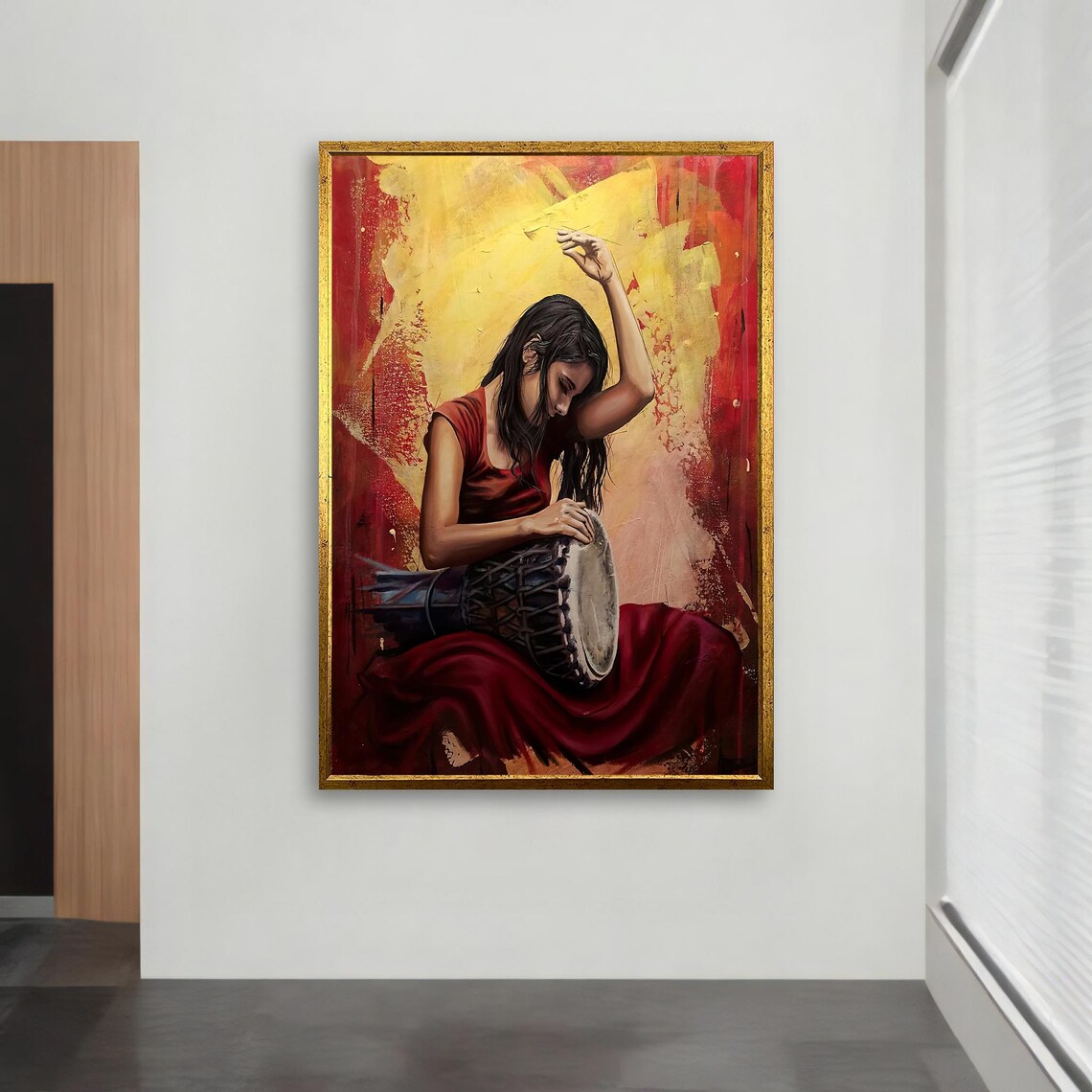 Bohemian Woman Playing Hand Drum in Red Dress Warm Music Painting Poster - Image 2
