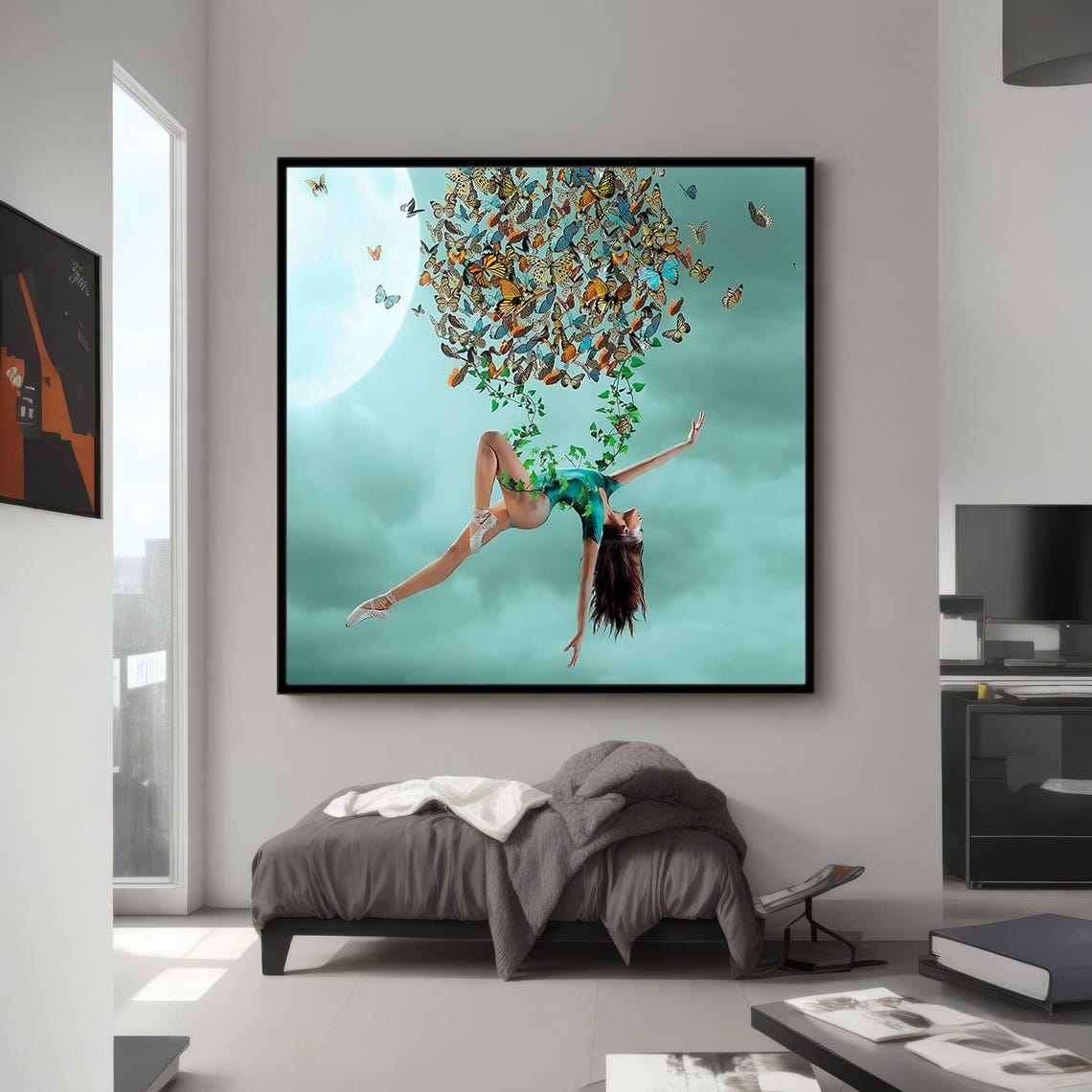 Butterfly Ballerina Floating Dream Surreal Teal Sky Art Poster - Image 3