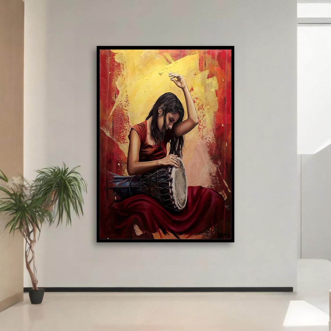 Bohemian Woman Playing Hand Drum in Red Dress Warm Music Painting Poster - Image 3