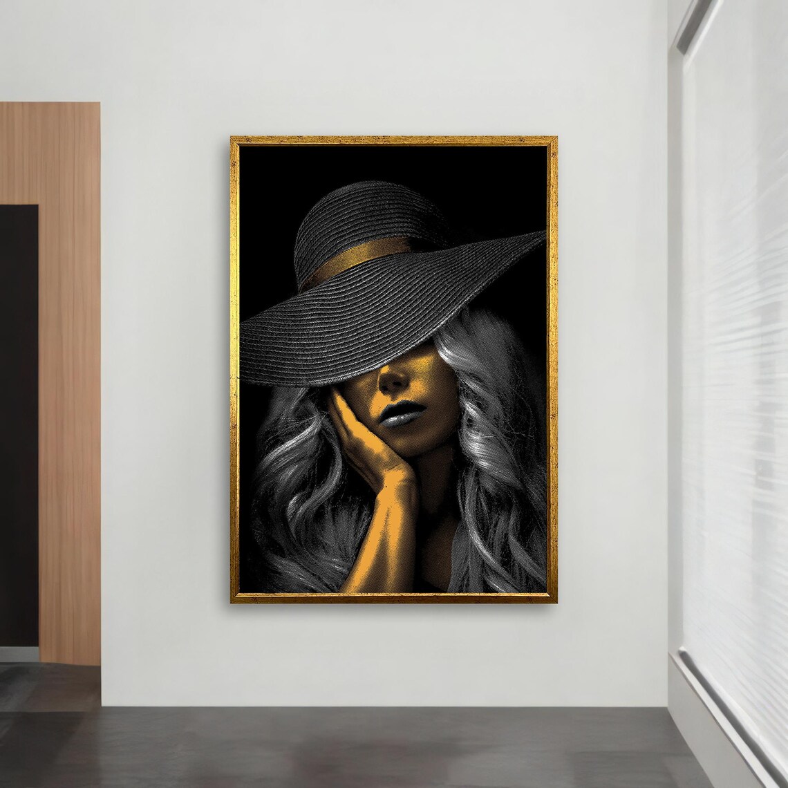 Mysterious Woman in Golden Hat Black and White Elegant Portrait Art Poster - Image 2