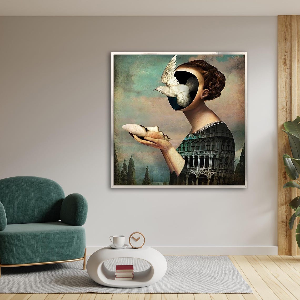Surreal Woman With Dove Emerging From Face Dreamlike Art Poster - Image 2