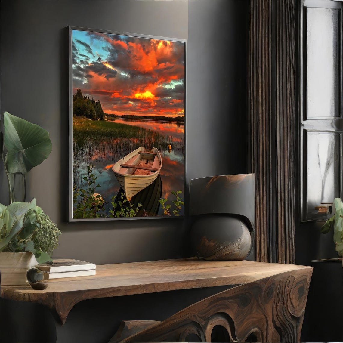 Lonely Rowboat Calm Lake Fiery Sunset Sky Peaceful Nature Poster - Image 4