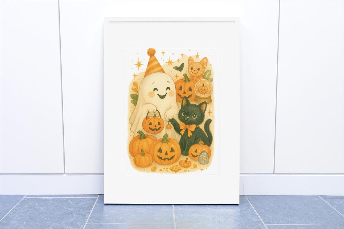Cute Ghost and Black Cat Halloween Pumpkin Art Poster for Kids Room