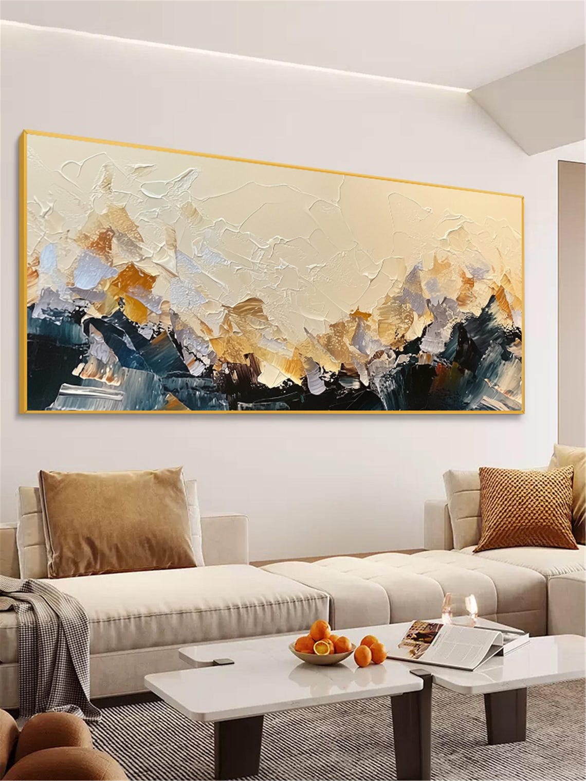 Navy Gold Mountain Abstract 3D Textured Panoramic Painting Wall Art - Image 2