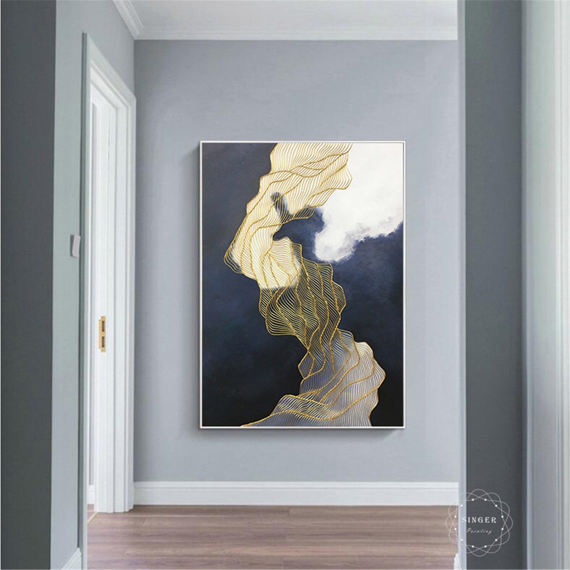 Gold Contour Silk Waves on Navy Blue Abstract Elegant Wall Art Poster - Image 2
